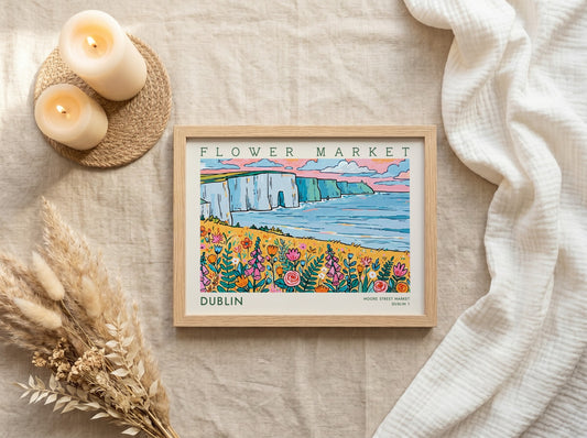 Dublin flower market poster featuring colorful wildflowers and coastal cliffs in a vibrant landscape style