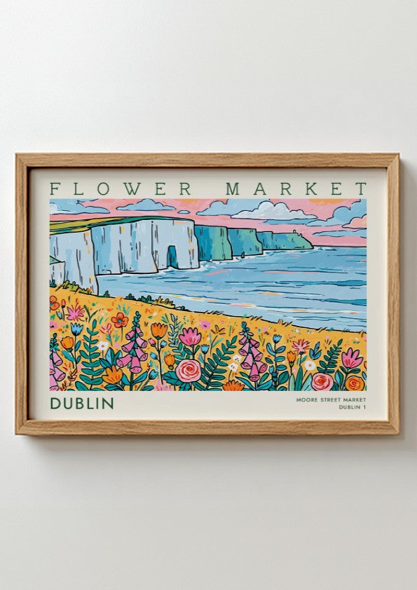 Dublin flower market poster featuring colorful wildflowers and coastal cliffs in a vibrant landscape style