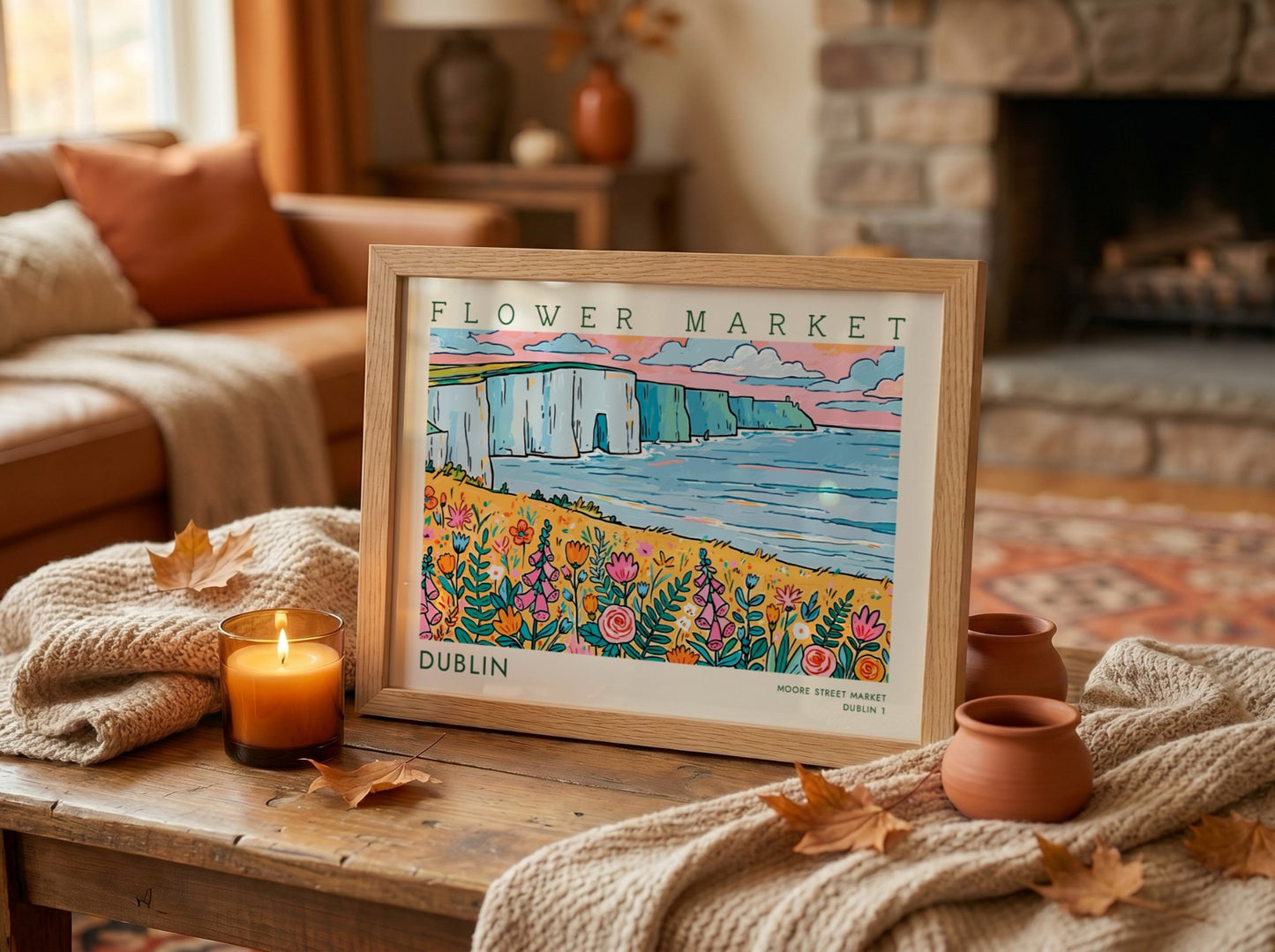 Dublin flower market poster featuring colorful wildflowers and coastal cliffs in a vibrant landscape style