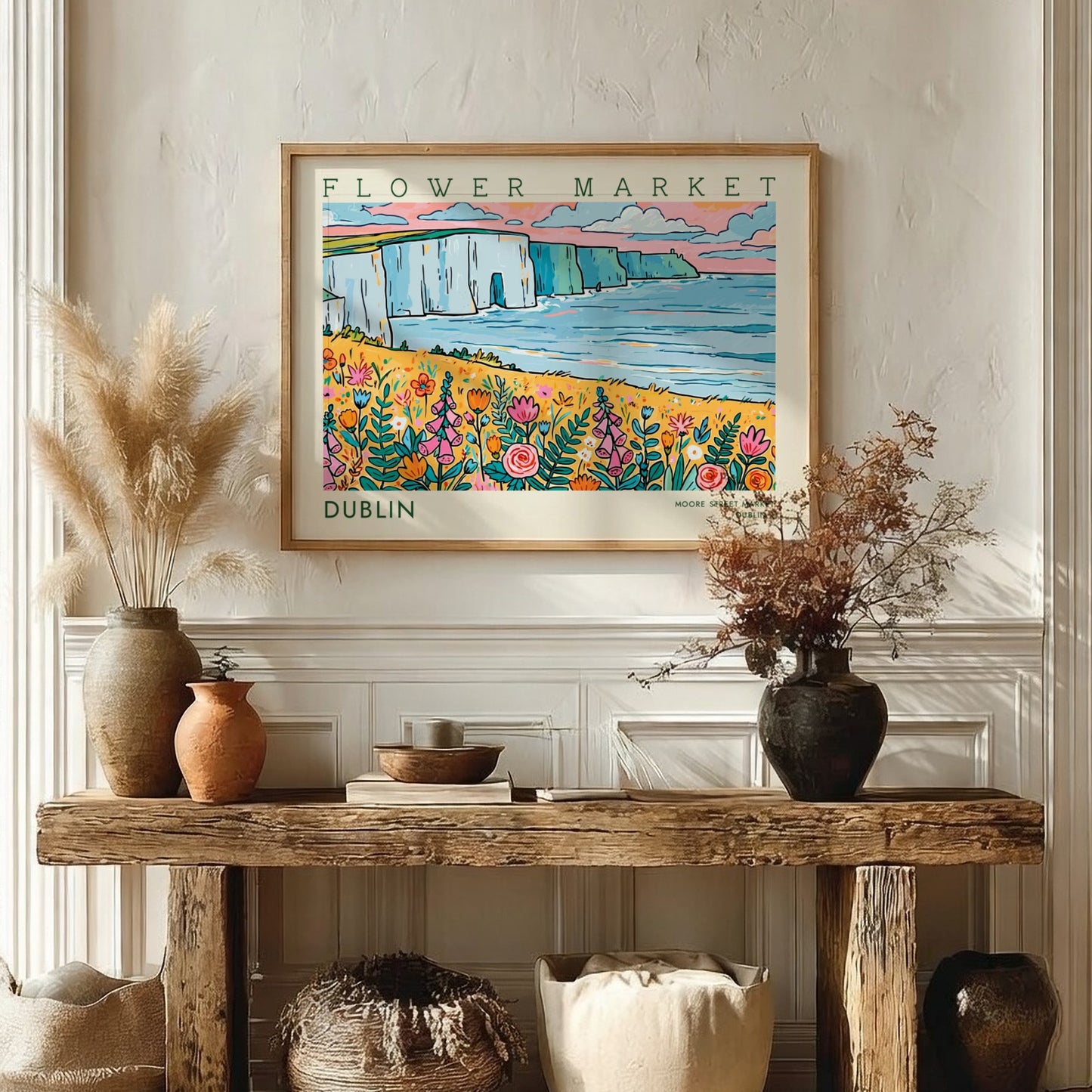 Dublin flower market poster featuring colorful wildflowers and coastal cliffs in a vibrant landscape style