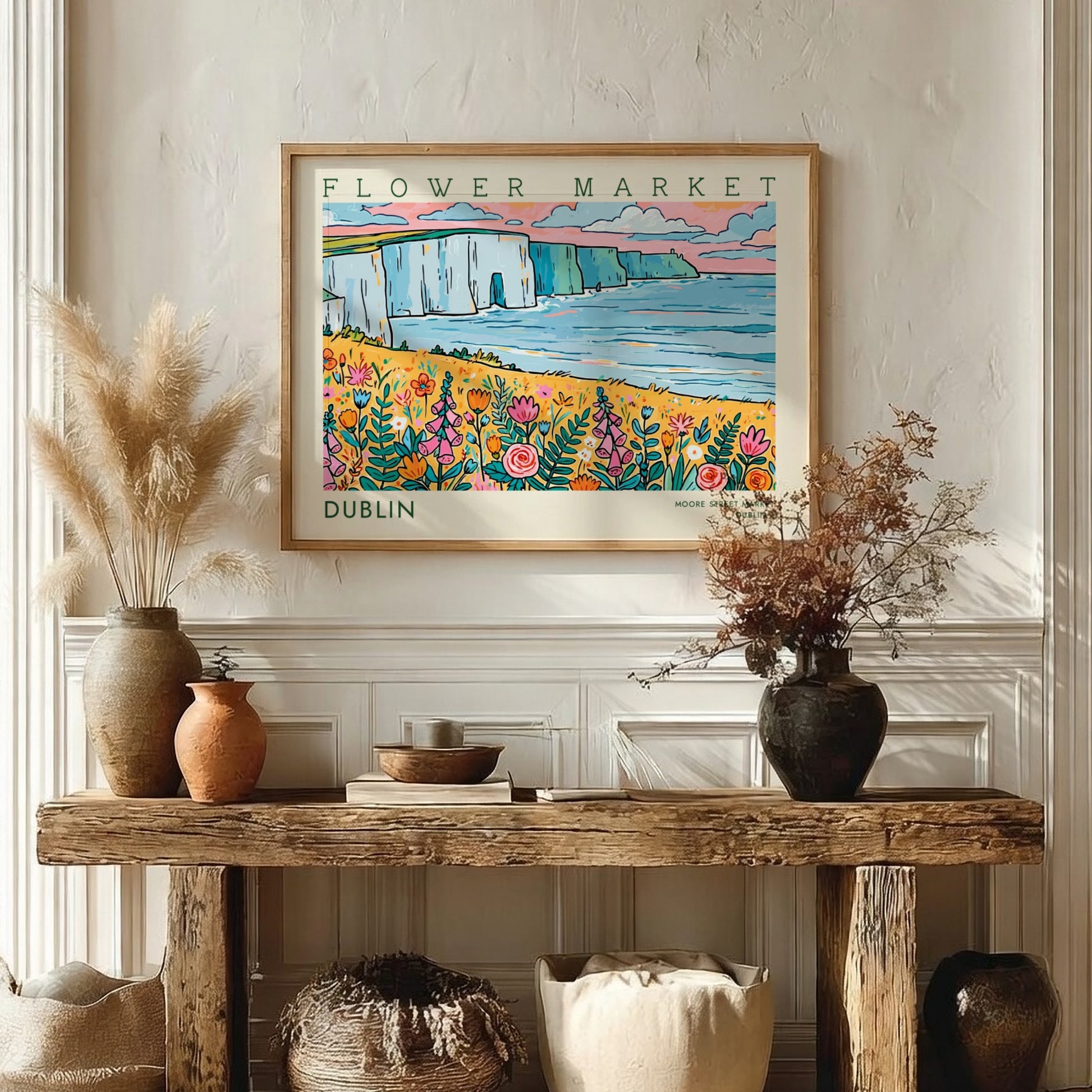 Dublin flower market poster featuring colorful wildflowers and coastal cliffs in a vibrant landscape style