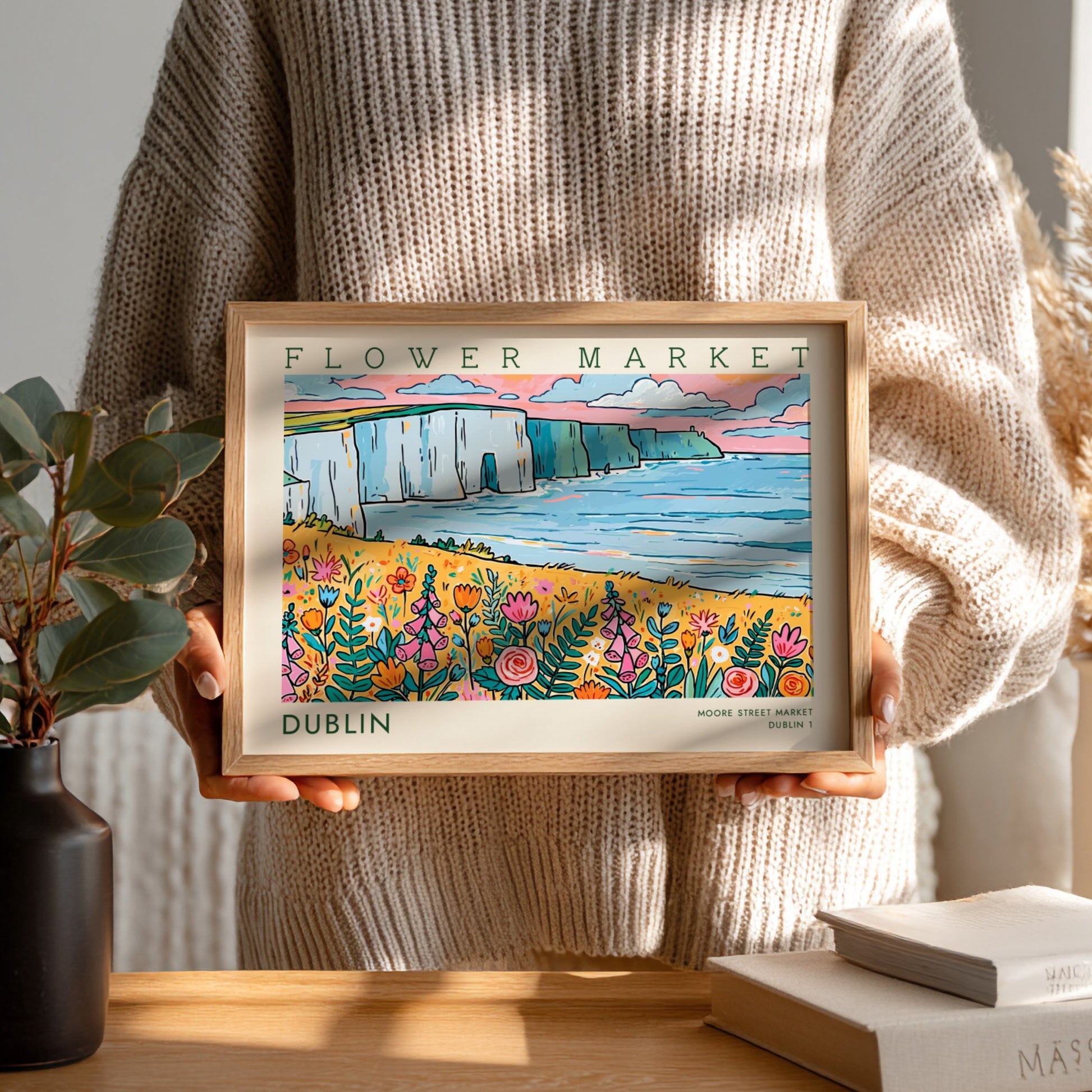 Dublin flower market poster featuring colorful wildflowers and coastal cliffs in a vibrant landscape style