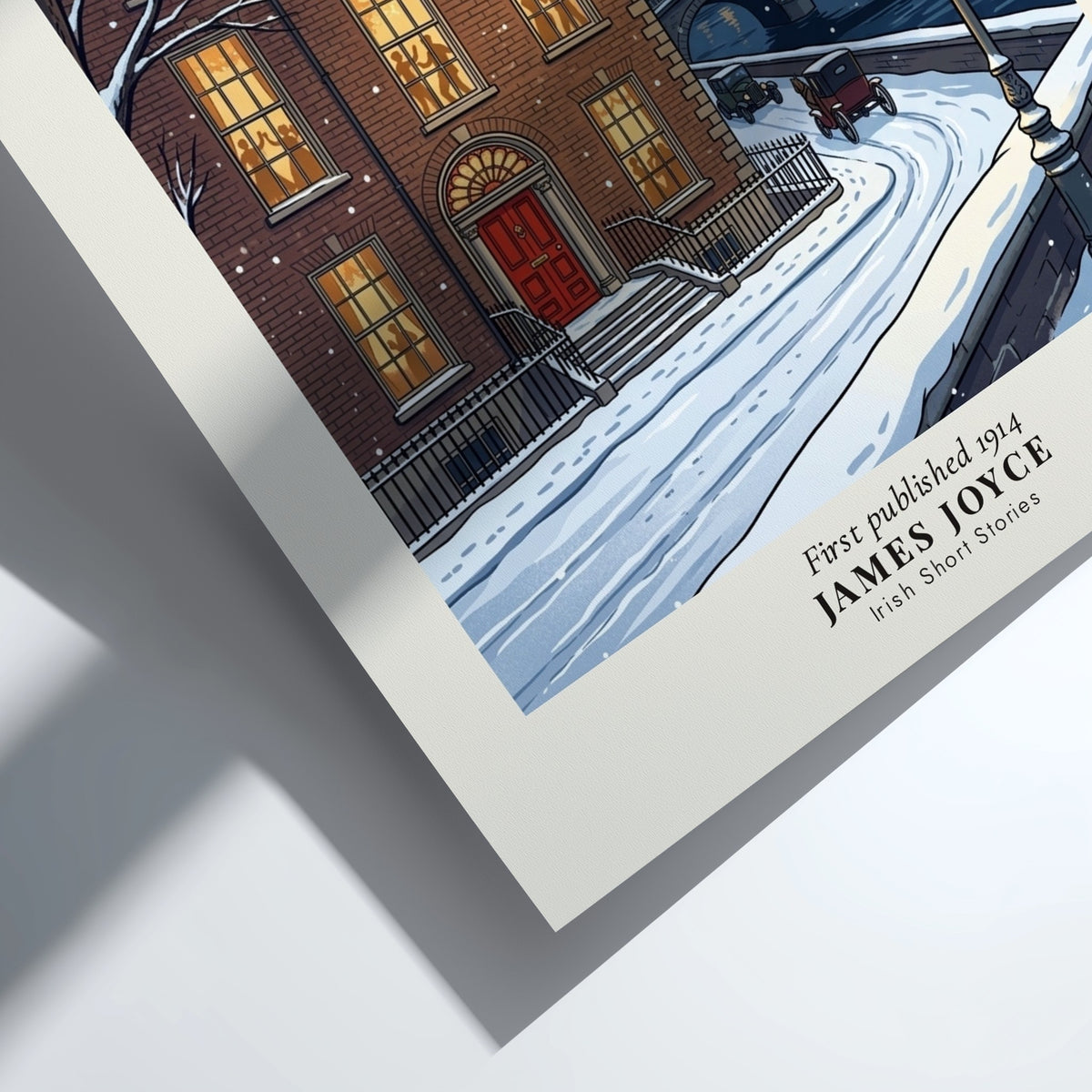 Poster featuring a snowy Dublin street at night with a glowing brick building