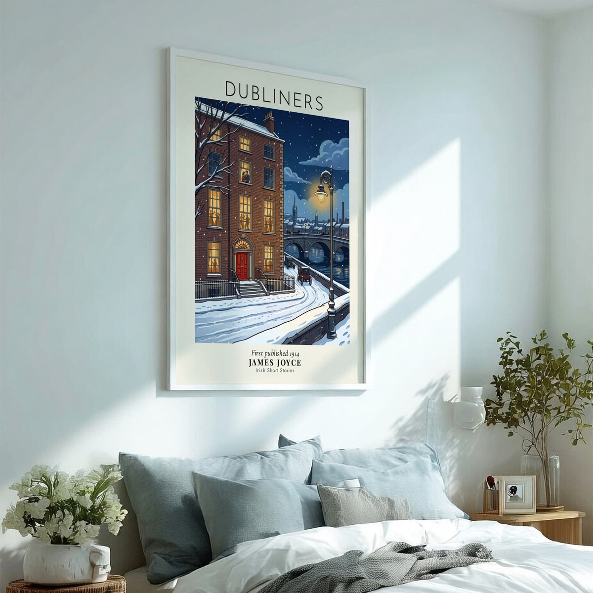 Poster featuring a snowy Dublin street at night with a glowing brick building