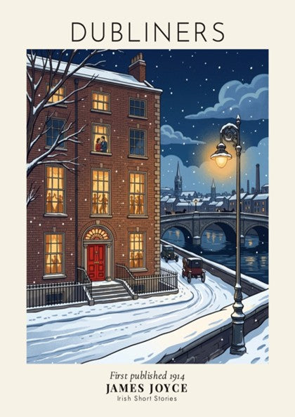 Poster featuring a snowy Dublin street at night with a glowing brick building