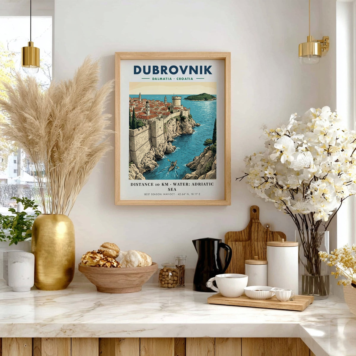Dubrovnik Croatia travel poster featuring historic stone walls, terracotta rooftops, and a kayaker.
