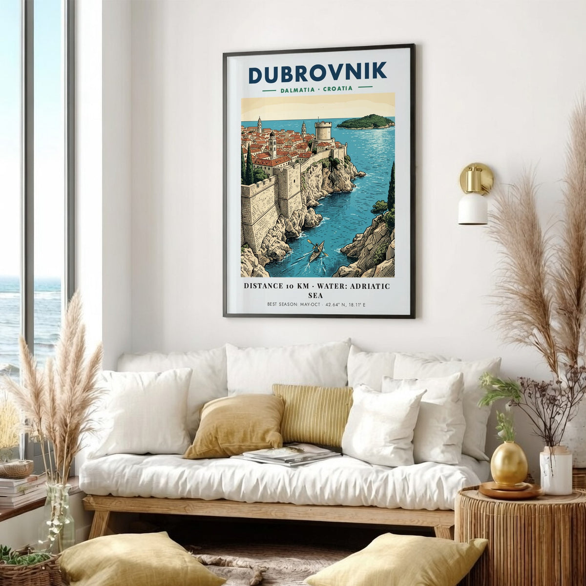Dubrovnik Croatia travel poster featuring historic stone walls, terracotta rooftops, and a kayaker.
