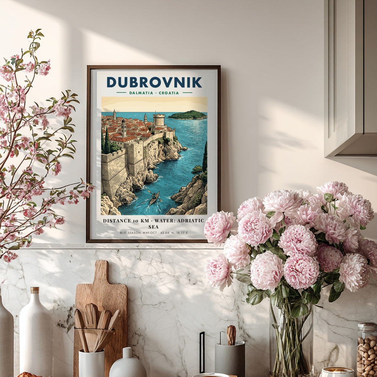 Dubrovnik Croatia travel poster featuring historic stone walls, terracotta rooftops, and a kayaker.