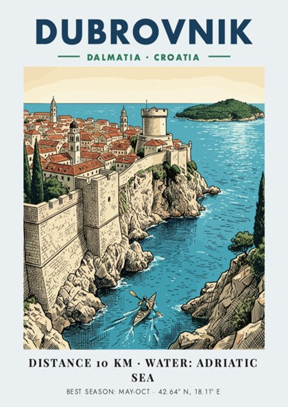 Dubrovnik Croatia travel poster featuring historic stone walls, terracotta rooftops, and a kayaker.