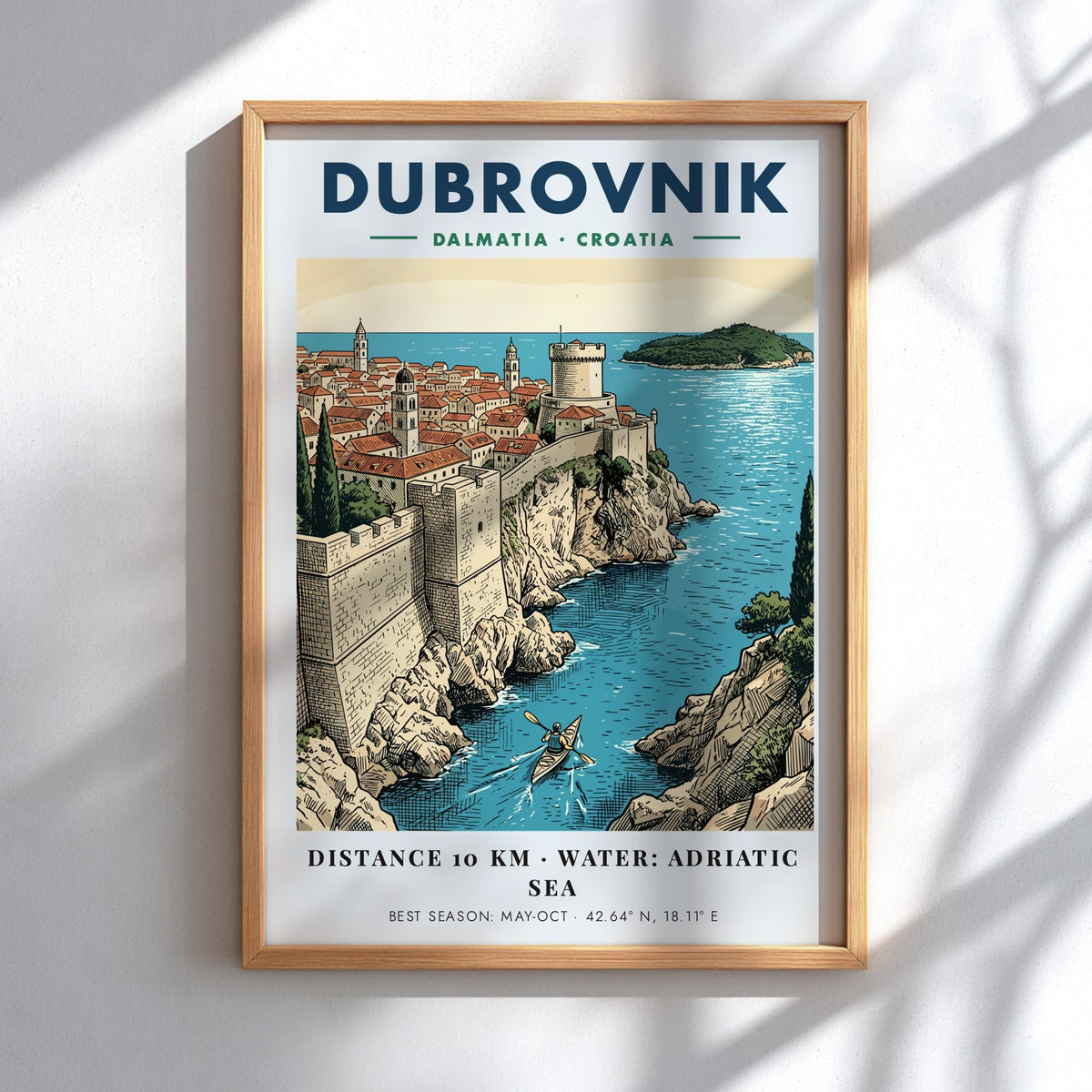 Dubrovnik Croatia travel poster featuring historic stone walls, terracotta rooftops, and a kayaker.