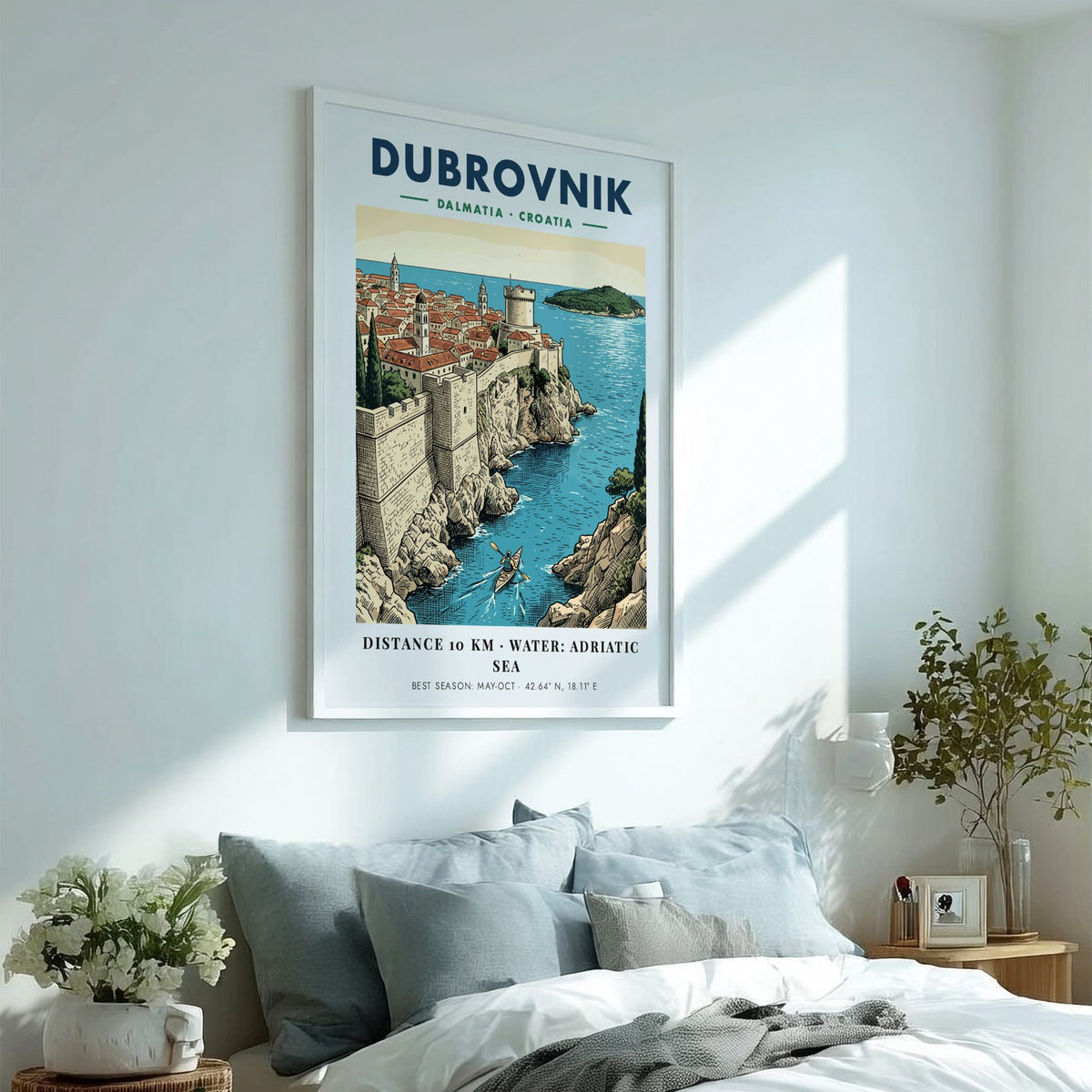 Dubrovnik Croatia travel poster featuring historic stone walls, terracotta rooftops, and a kayaker.