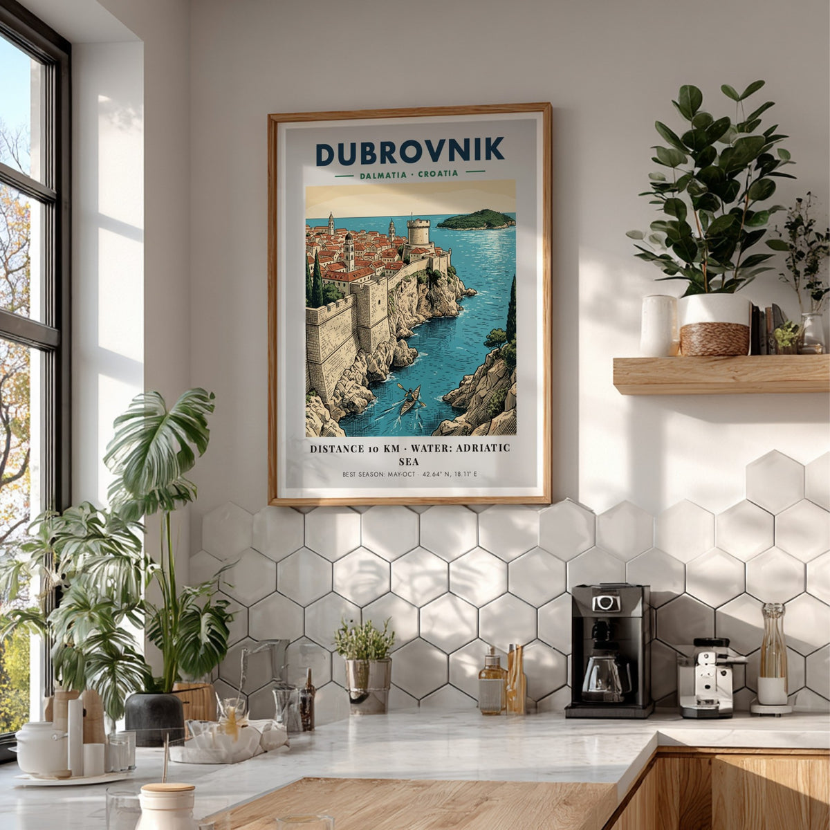 Dubrovnik Croatia travel poster featuring historic stone walls, terracotta rooftops, and a kayaker.