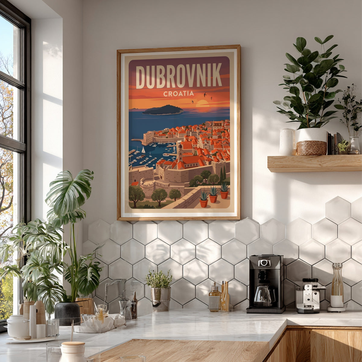 Dubrovnik Croatia travel poster featuring terracotta rooftops at sunset overlooking the blue Adriatic Sea.