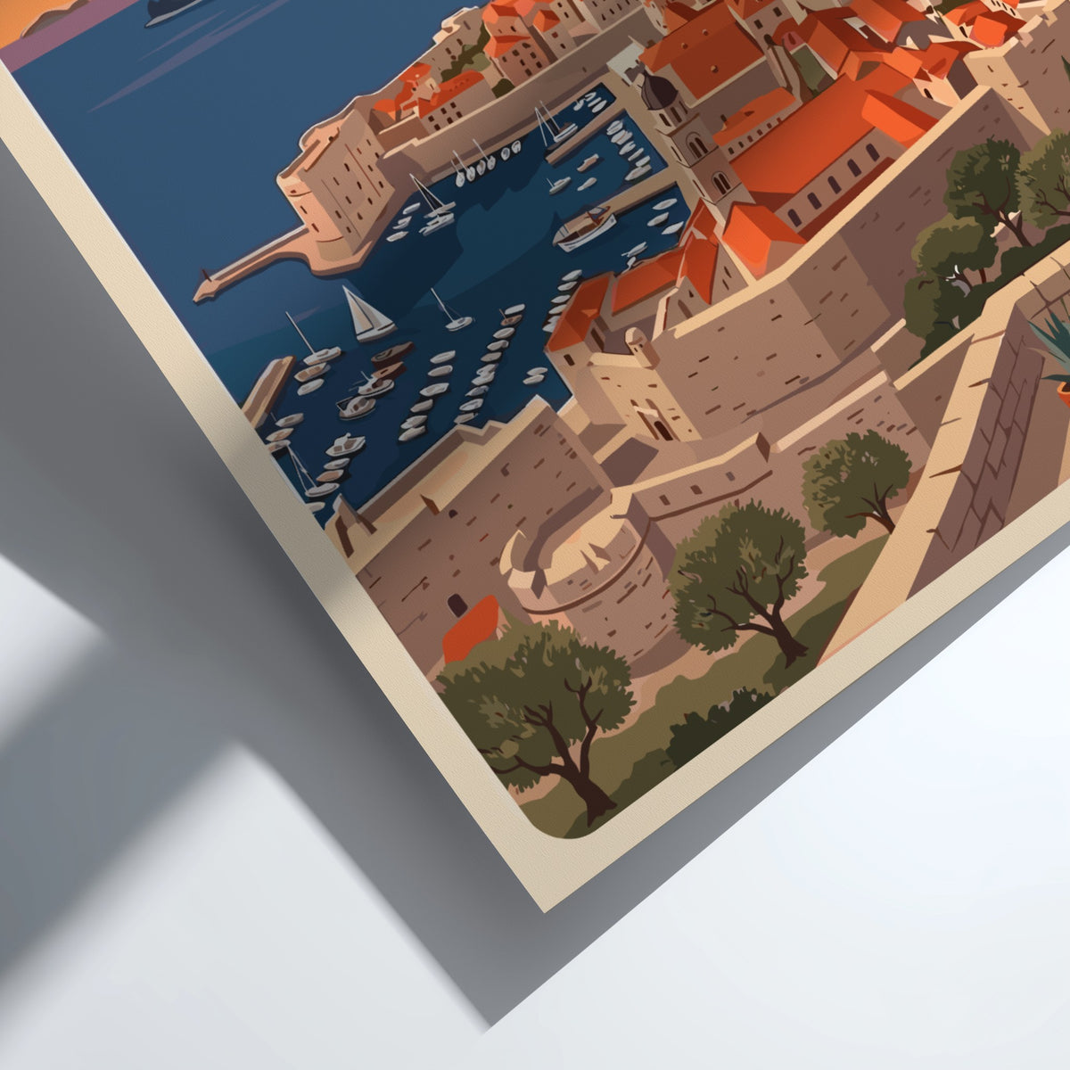 Dubrovnik Croatia travel poster featuring terracotta rooftops at sunset overlooking the blue Adriatic Sea.