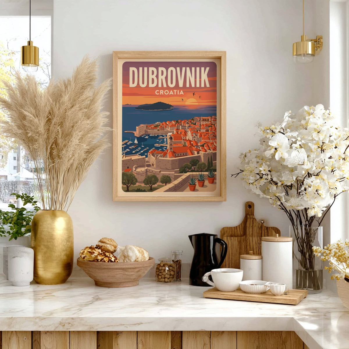 Dubrovnik Croatia travel poster featuring terracotta rooftops at sunset overlooking the blue Adriatic Sea.