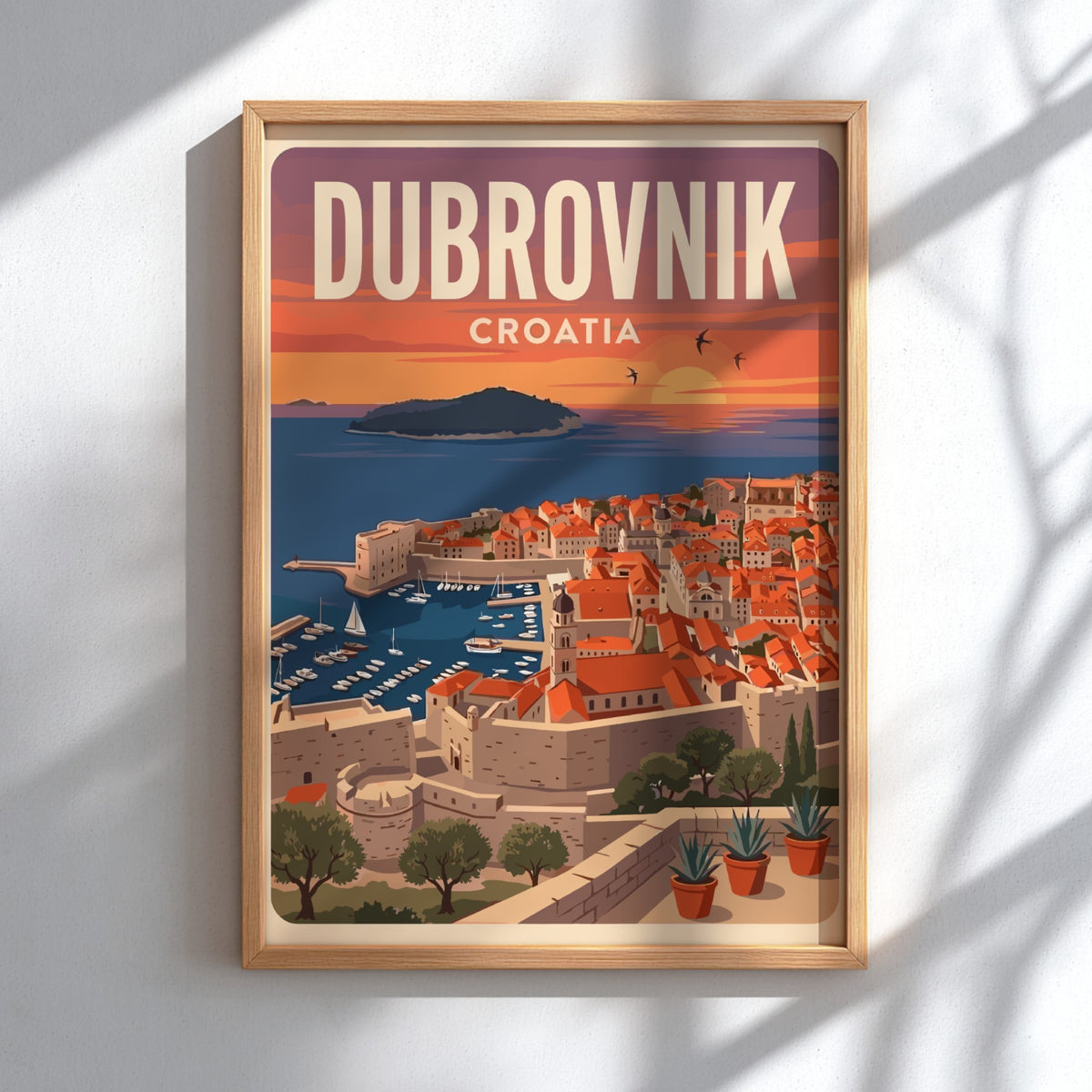 Dubrovnik Croatia travel poster featuring terracotta rooftops at sunset overlooking the blue Adriatic Sea.