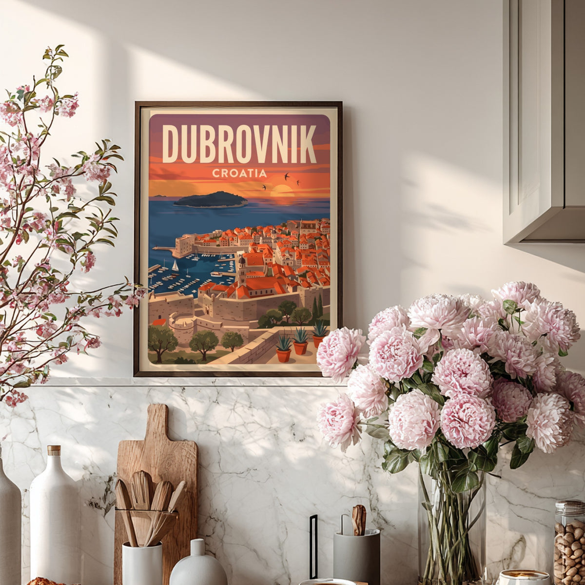 Dubrovnik Croatia travel poster featuring terracotta rooftops at sunset overlooking the blue Adriatic Sea.