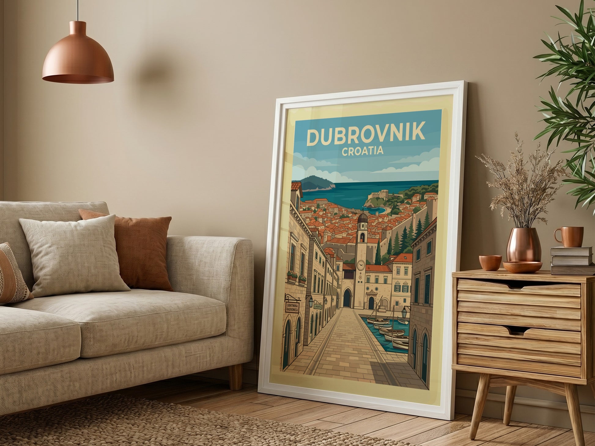 Dubrovnik Croatia travel poster featuring a detailed illustration of the old town and harbor.