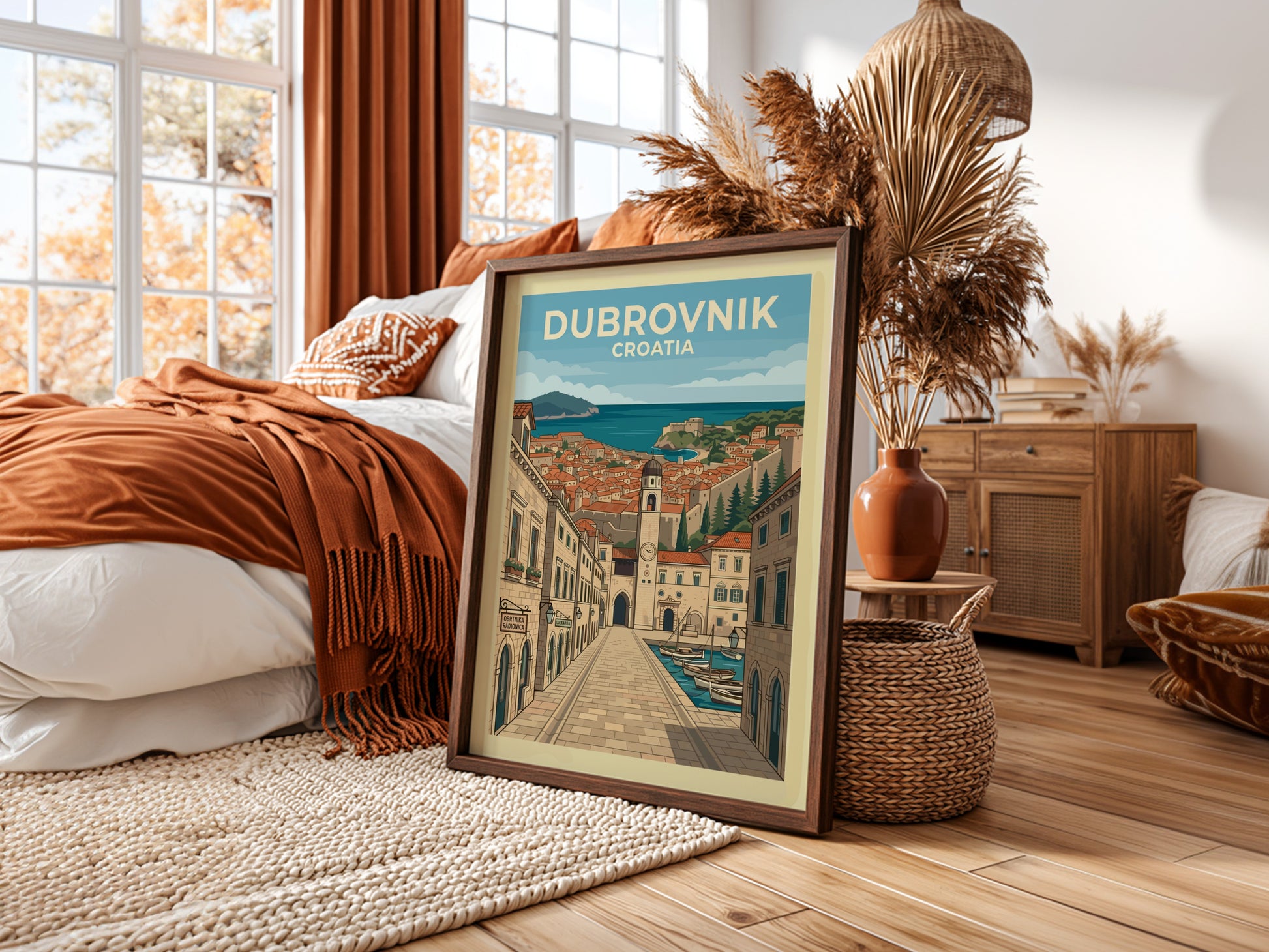 Dubrovnik Croatia travel poster featuring a detailed illustration of the old town and harbor.