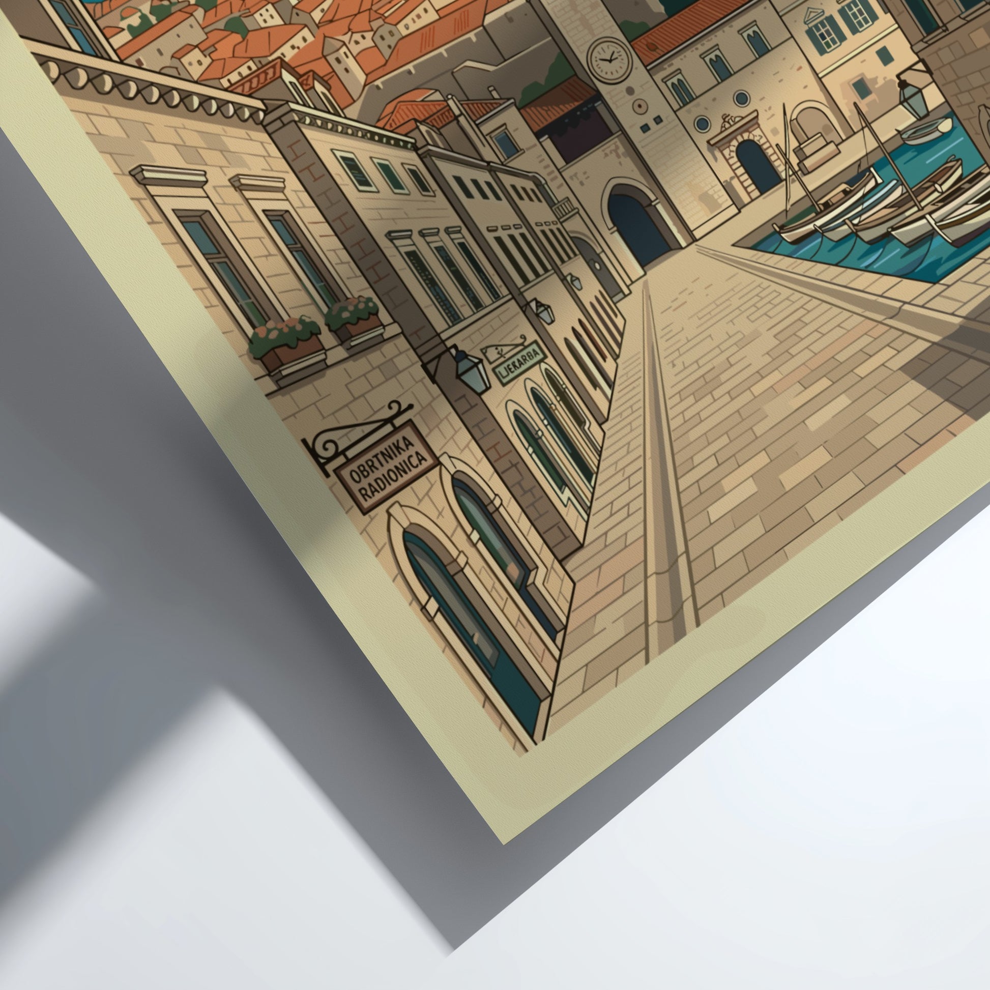 Dubrovnik Croatia travel poster featuring a detailed illustration of the old town and harbor.