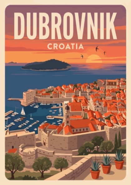 Dubrovnik Croatia travel poster featuring terracotta rooftops at sunset overlooking the blue Adriatic Sea.