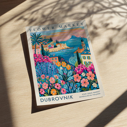 Flower market poster showcasing colorful blooms and coastal cityscape