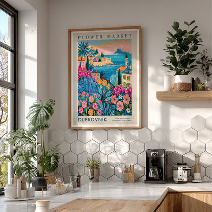 Flower market poster showcasing colorful blooms and coastal cityscape