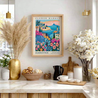 Flower market poster showcasing colorful blooms and coastal cityscape