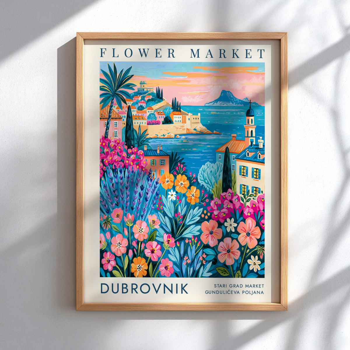 Flower market poster showcasing colorful blooms and coastal cityscape
