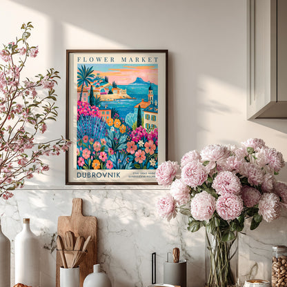 Flower market poster showcasing colorful blooms and coastal cityscape