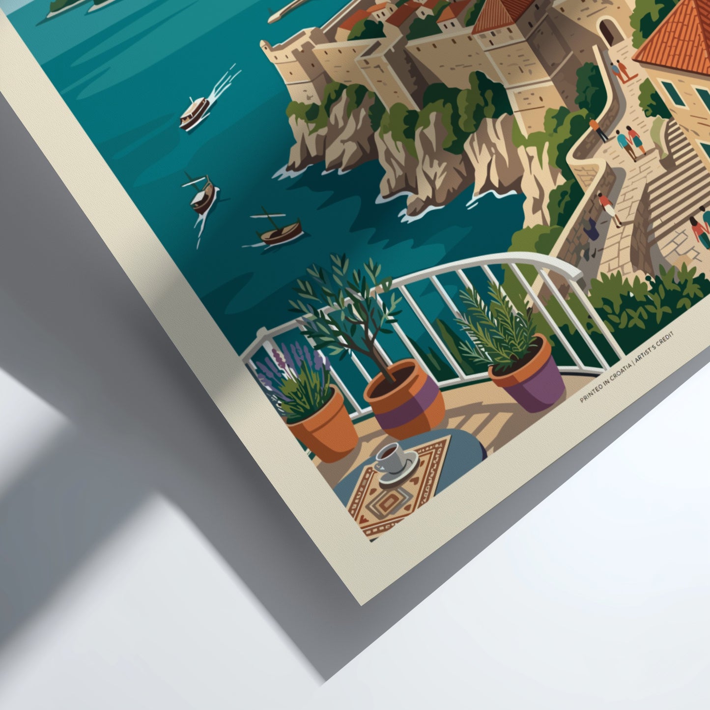 Dubrovnik, Croatia travel poster featuring the walled city, sea, and a balcony view in a vintage illustration