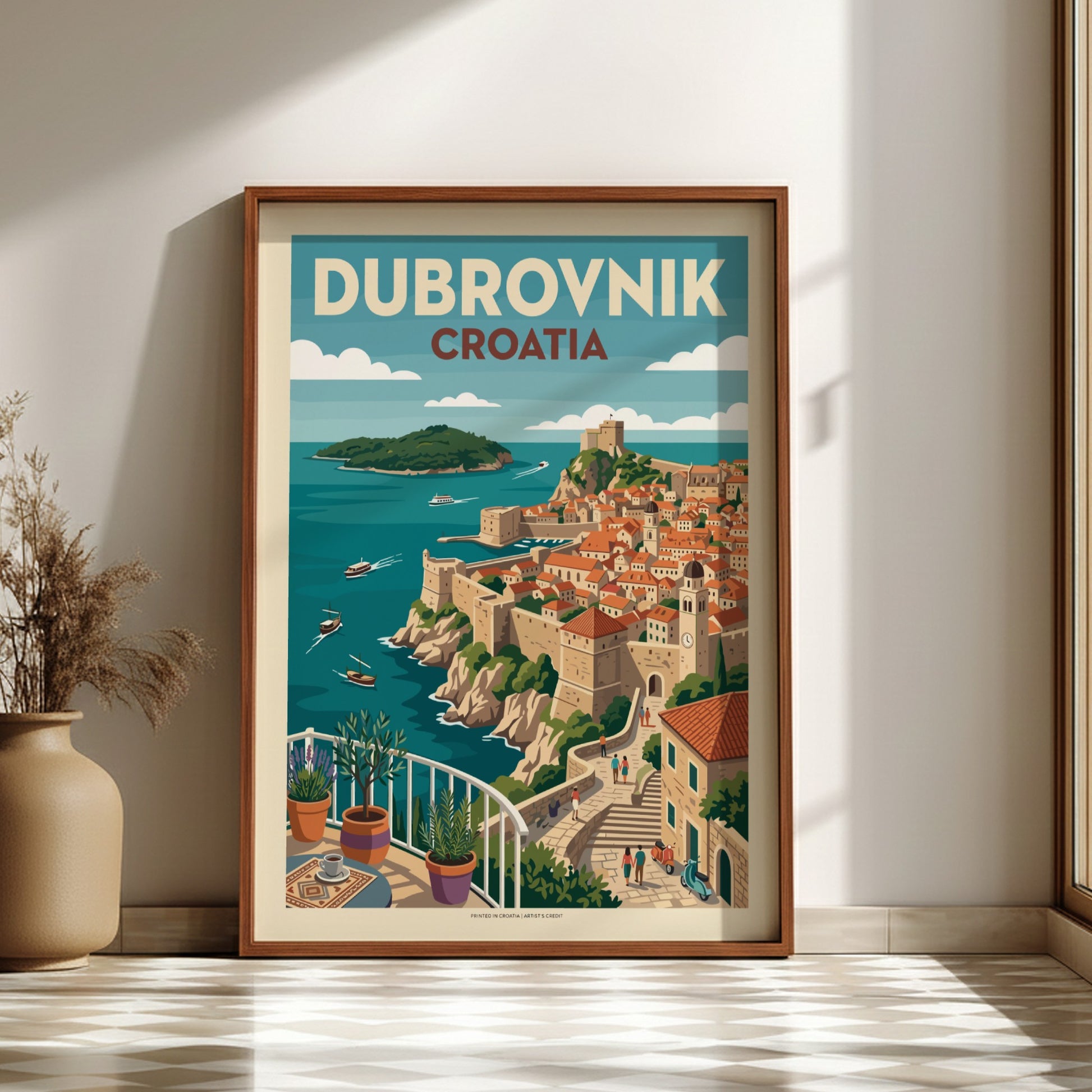 Dubrovnik, Croatia travel poster featuring the walled city, sea, and a balcony view in a vintage illustration