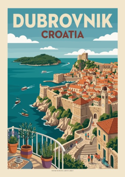 Dubrovnik, Croatia travel poster featuring the walled city, sea, and a balcony view in a vintage illustration