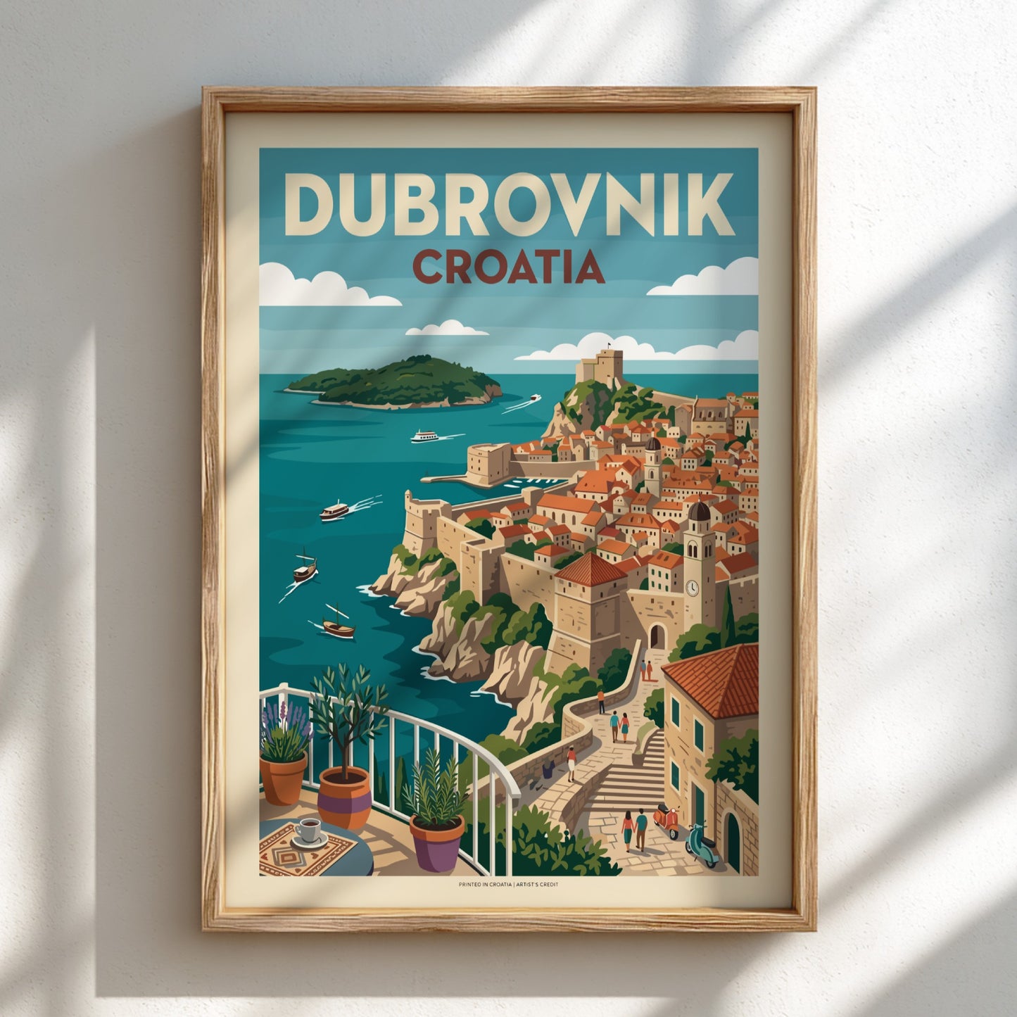 Dubrovnik, Croatia travel poster featuring the walled city, sea, and a balcony view in a vintage illustration