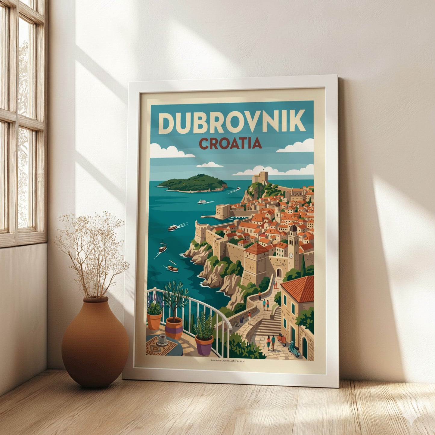 Dubrovnik, Croatia travel poster featuring the walled city, sea, and a balcony view in a vintage illustration