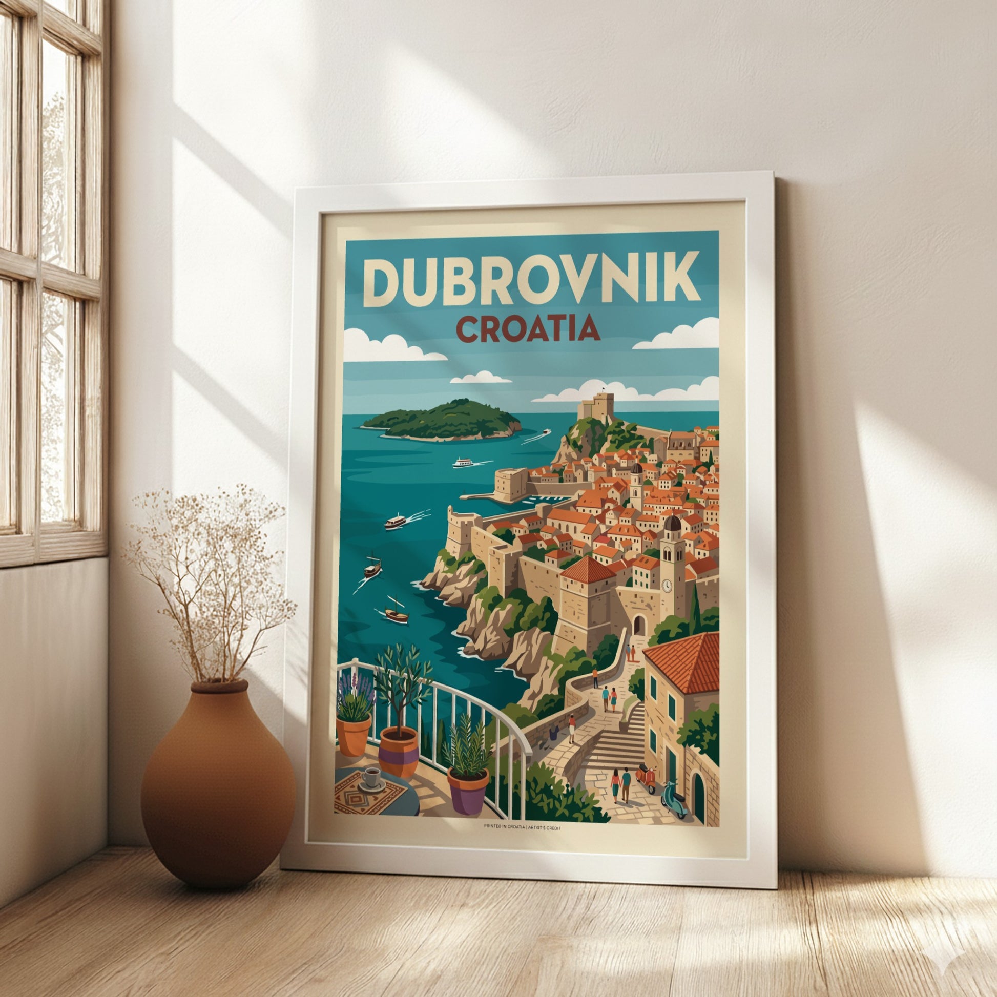 Dubrovnik, Croatia travel poster featuring the walled city, sea, and a balcony view in a vintage illustration
