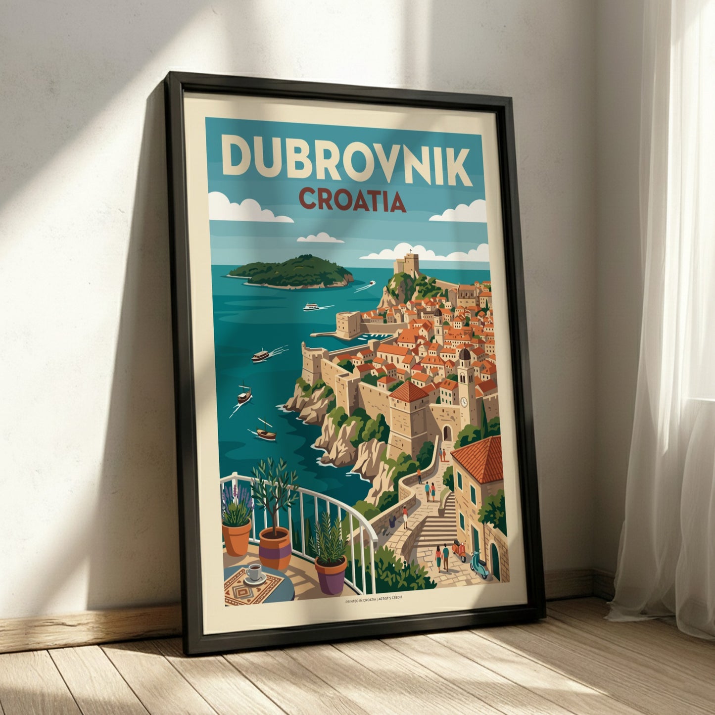 Dubrovnik, Croatia travel poster featuring the walled city, sea, and a balcony view in a vintage illustration