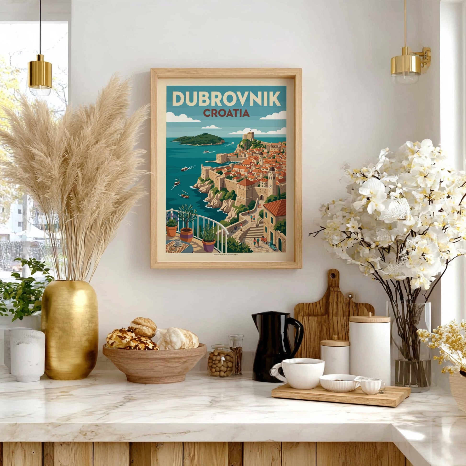 Dubrovnik, Croatia travel poster featuring the walled city, sea, and a balcony view in a vintage illustration
