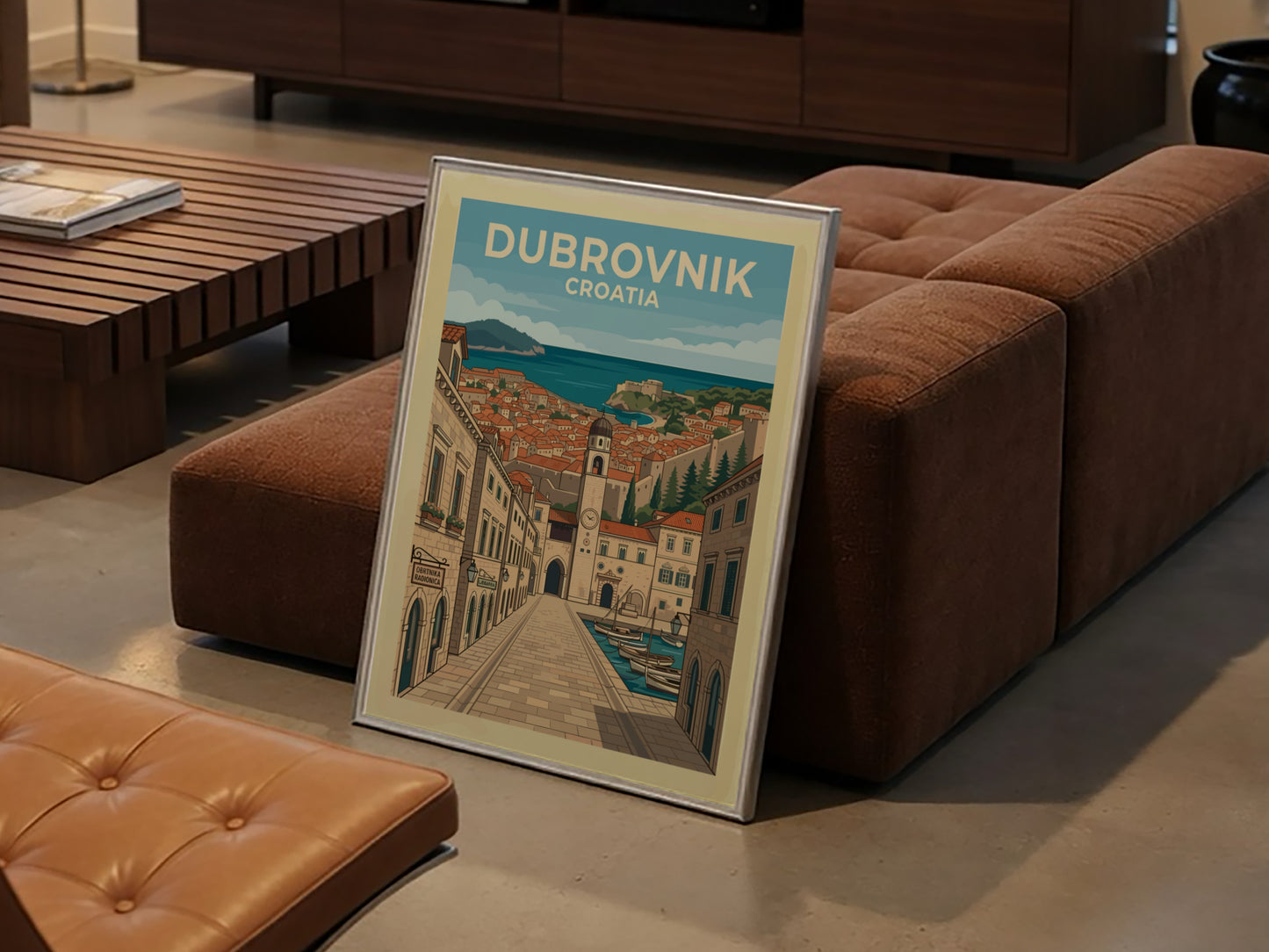 Dubrovnik Croatia travel poster featuring a detailed illustration of the old town and harbor.