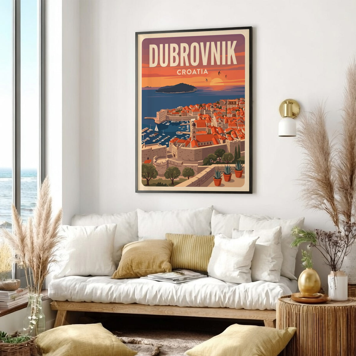 Dubrovnik Croatia travel poster featuring terracotta rooftops at sunset overlooking the blue Adriatic Sea.