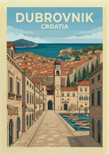Dubrovnik Croatia travel poster featuring a detailed illustration of the old town and harbor.