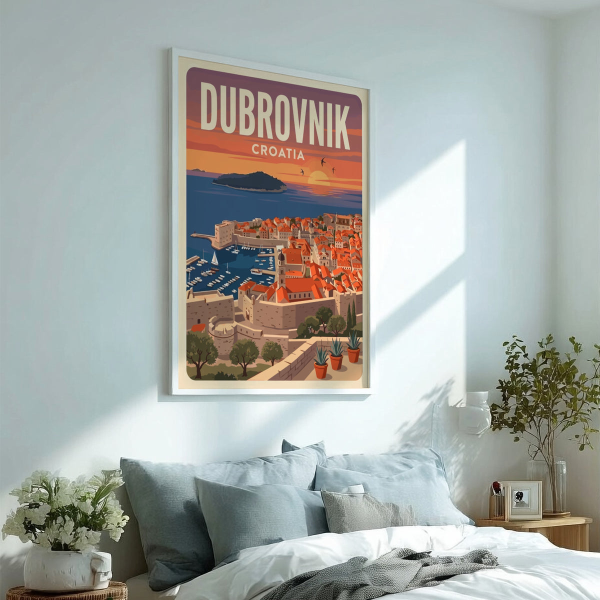 Dubrovnik Croatia travel poster featuring terracotta rooftops at sunset overlooking the blue Adriatic Sea.