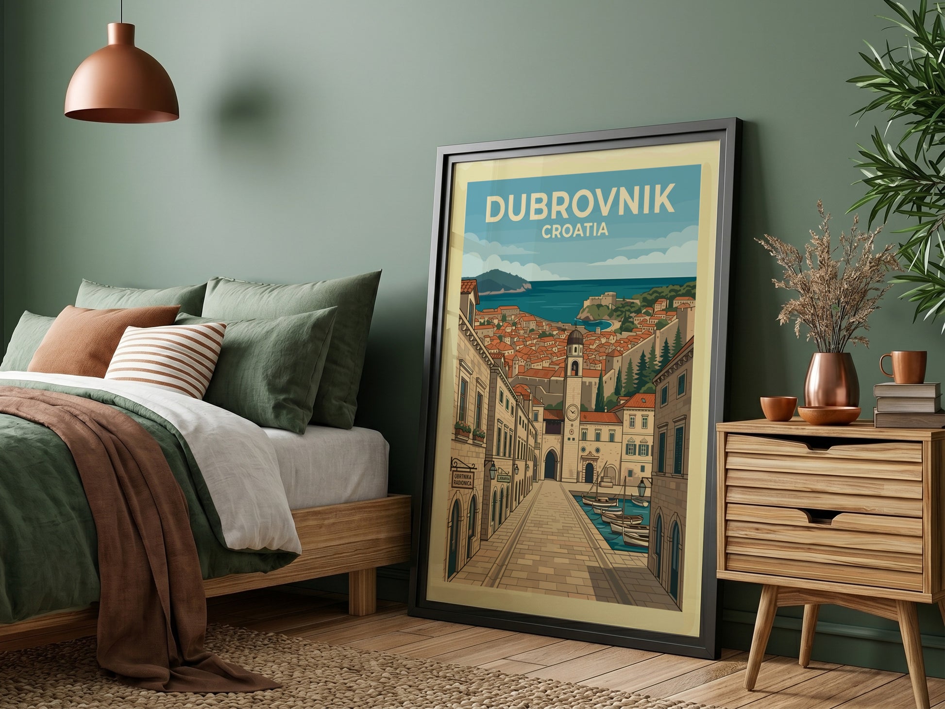 Dubrovnik Croatia travel poster featuring a detailed illustration of the old town and harbor.