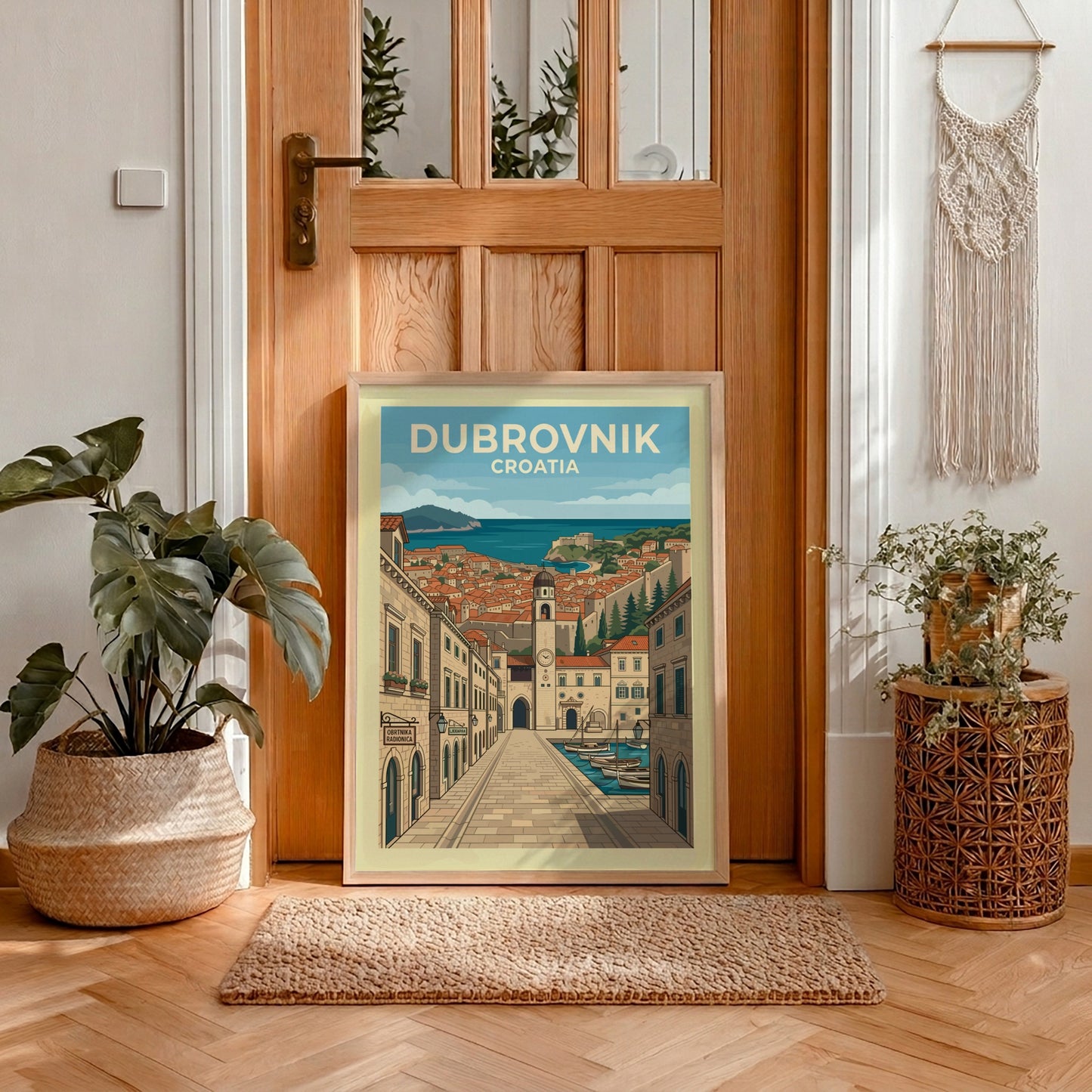 Dubrovnik Croatia travel poster featuring a detailed illustration of the old town and harbor.