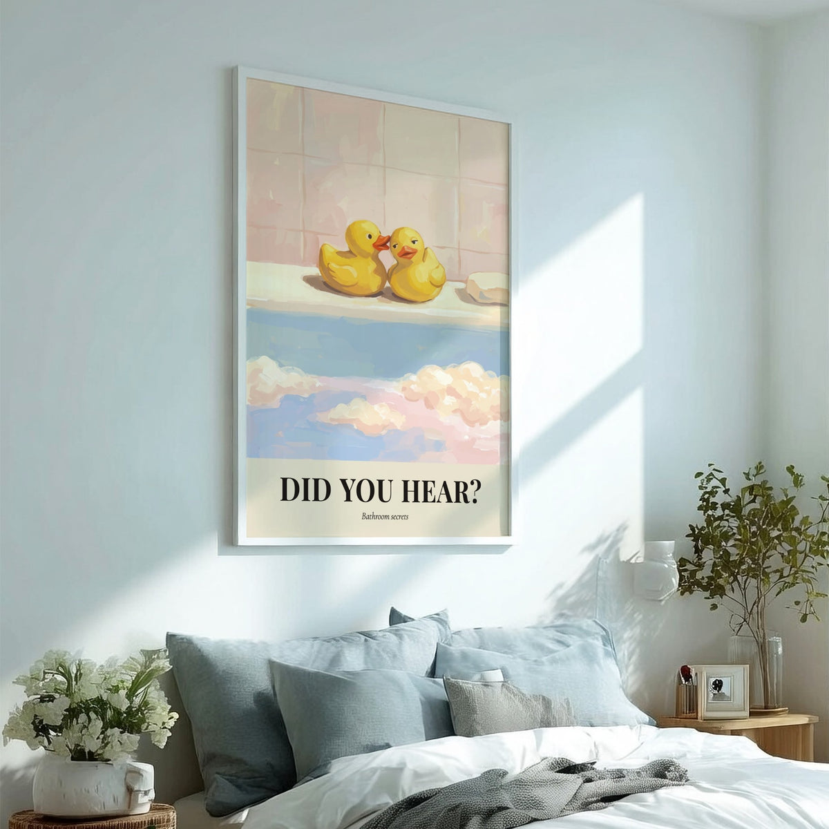 Poster featuring two yellow rubber ducks whispering with text Did You Hear Bathroom secrets