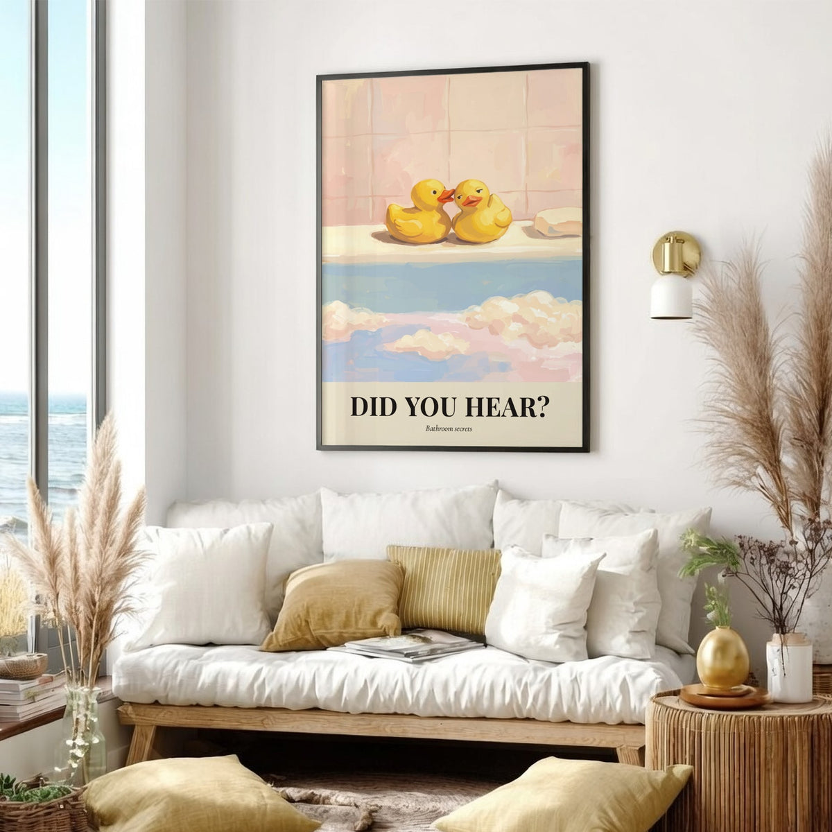 Poster featuring two yellow rubber ducks whispering with text Did You Hear Bathroom secrets