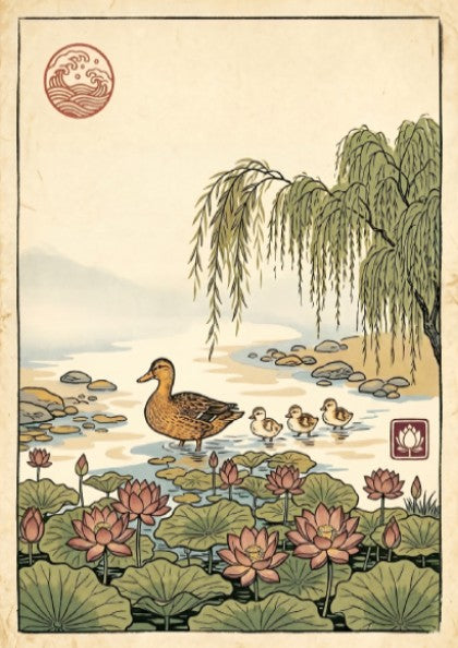 Japanese art style poster featuring a duck and lotus flowers in a serene pond