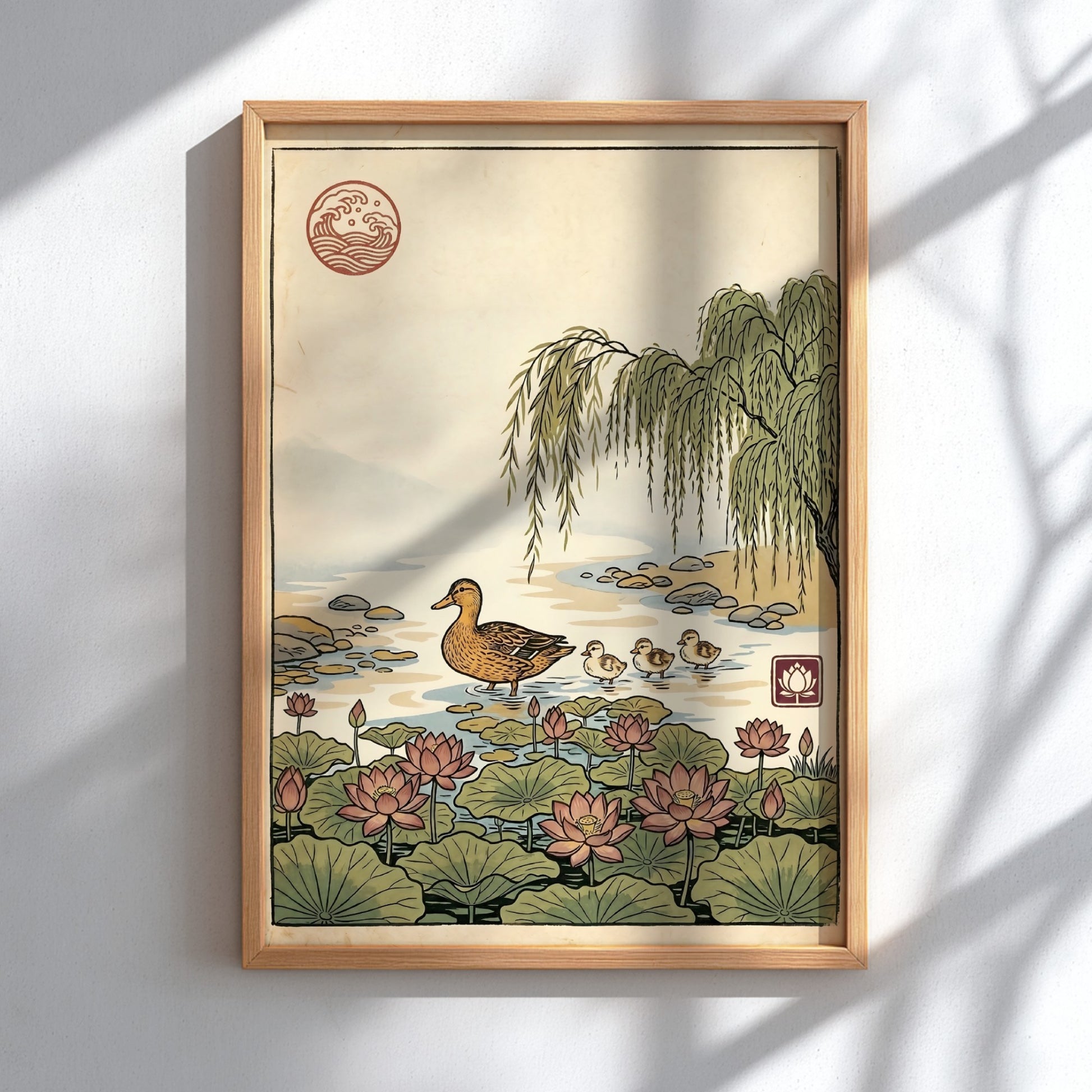 Japanese art style poster featuring a duck and lotus flowers in a serene pond