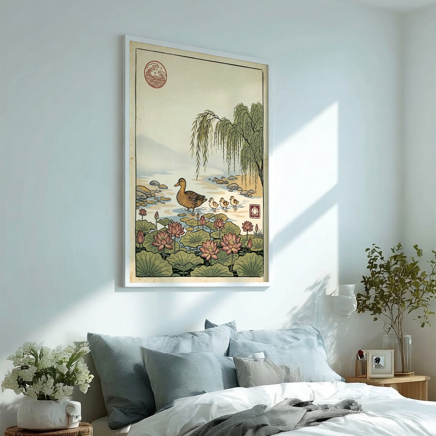 Japanese art style poster featuring a duck and lotus flowers in a serene pond