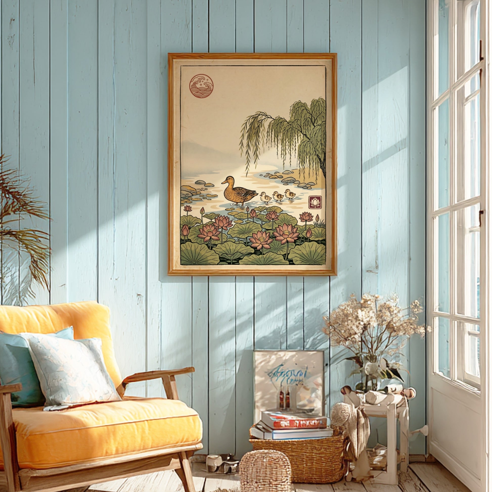 Japanese art style poster featuring a duck and lotus flowers in a serene pond